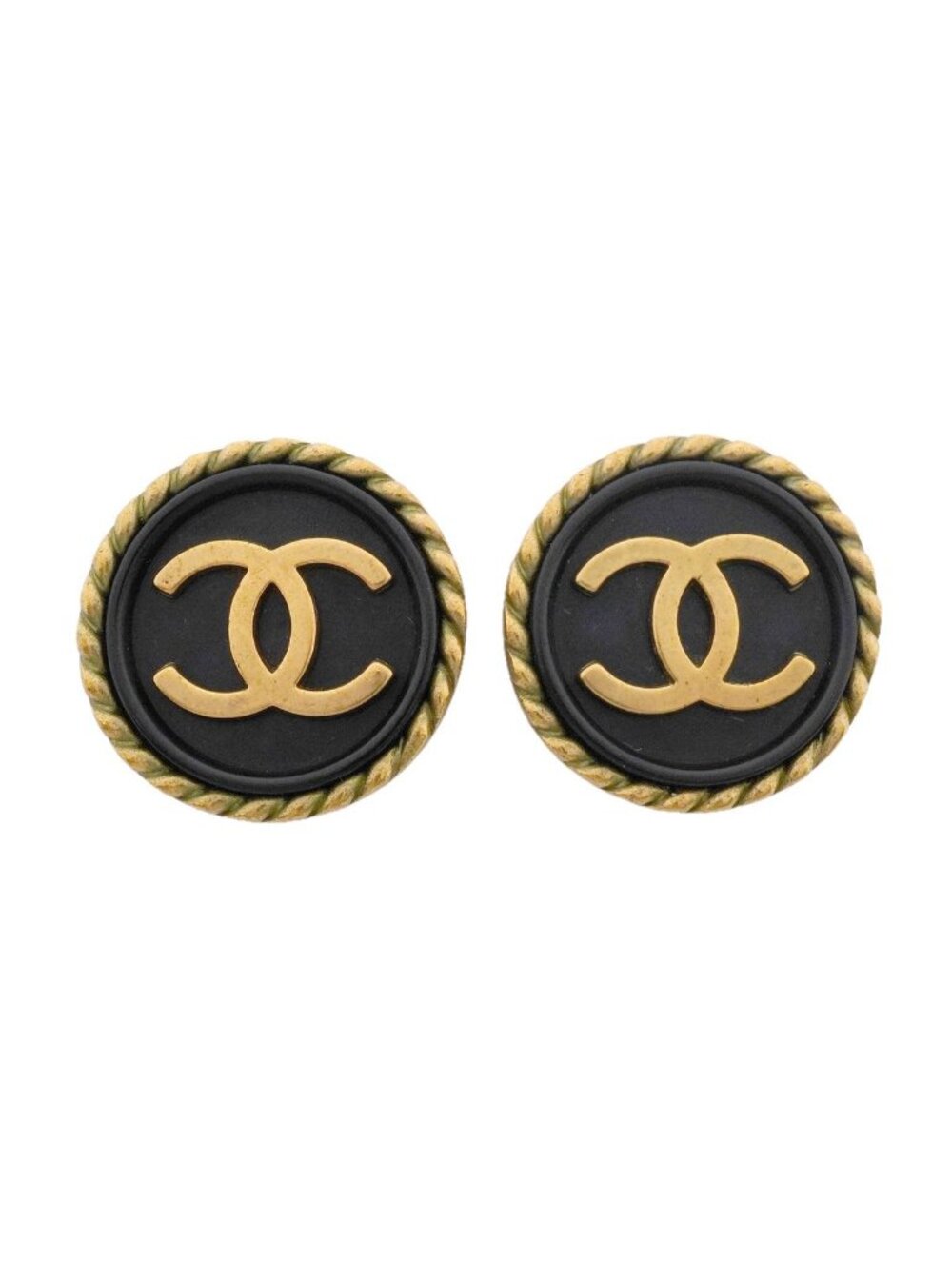 Chanel Earrings Vintage CC Logo Round Circle Gold Plated Black